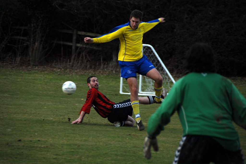 LFCResvsPetworthRes140209 ChrisWithall jumps the tackle
